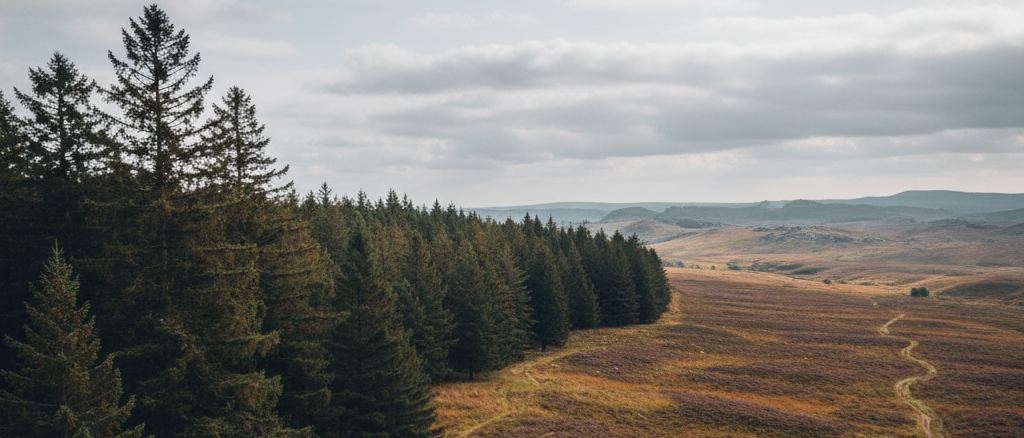 The upper edge of a forest against open moorland